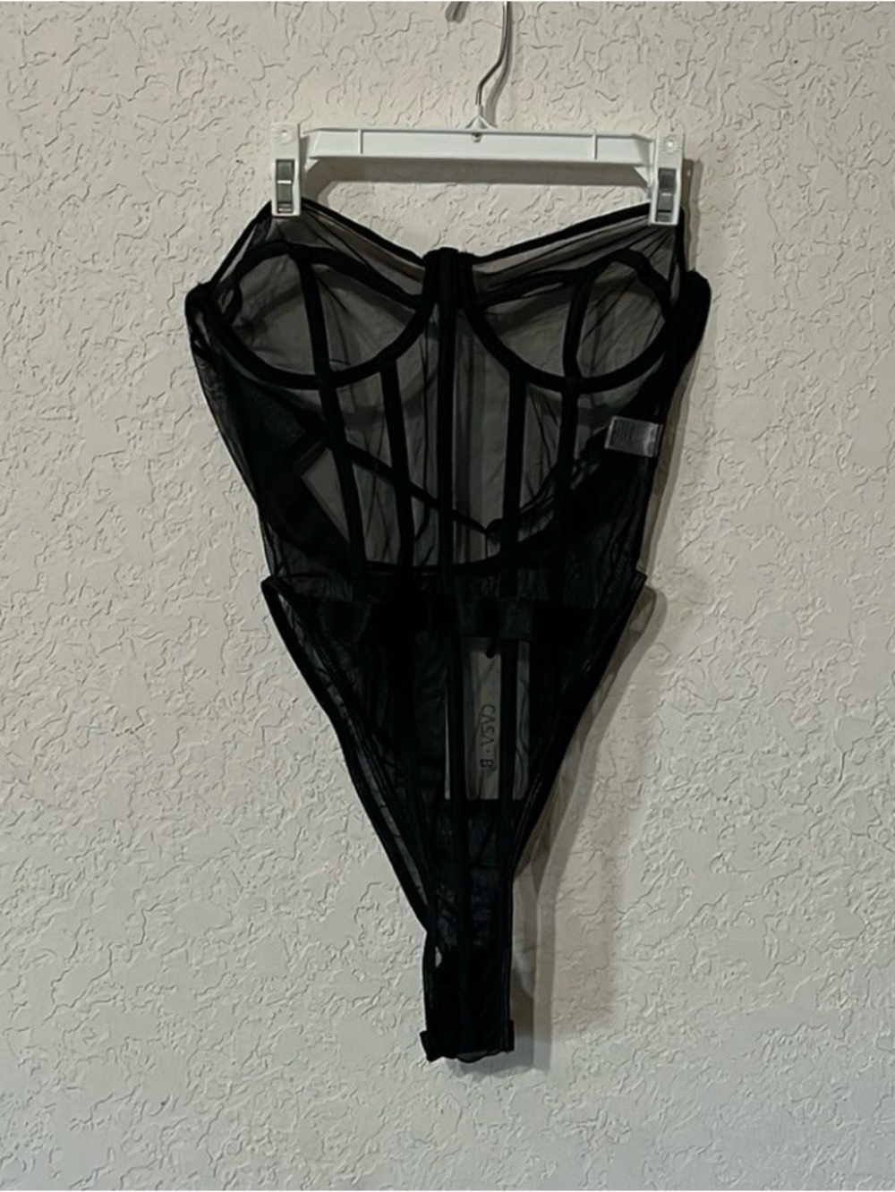 NWT CASA B Black Sheer Mesh Corset Bodysuit Size L Dark Feminine Mob Wife